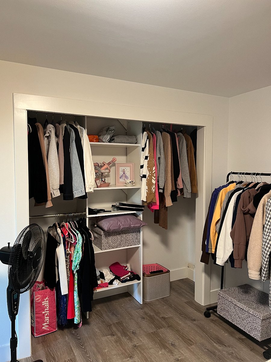 Room for rent with ample closet space (my current roommate's clothes pictured, but they will obviously be removed).