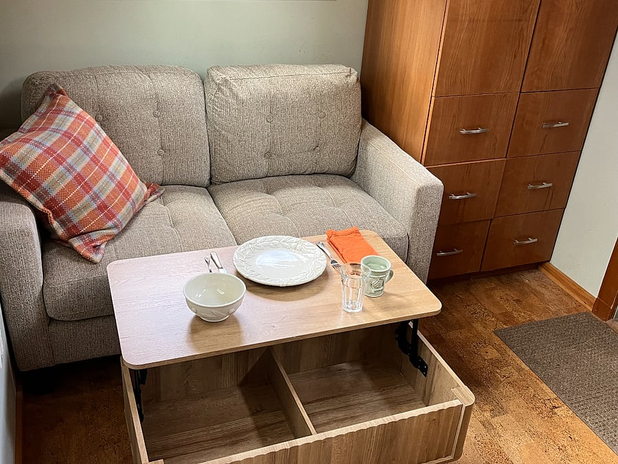 Loveseat with dining table.