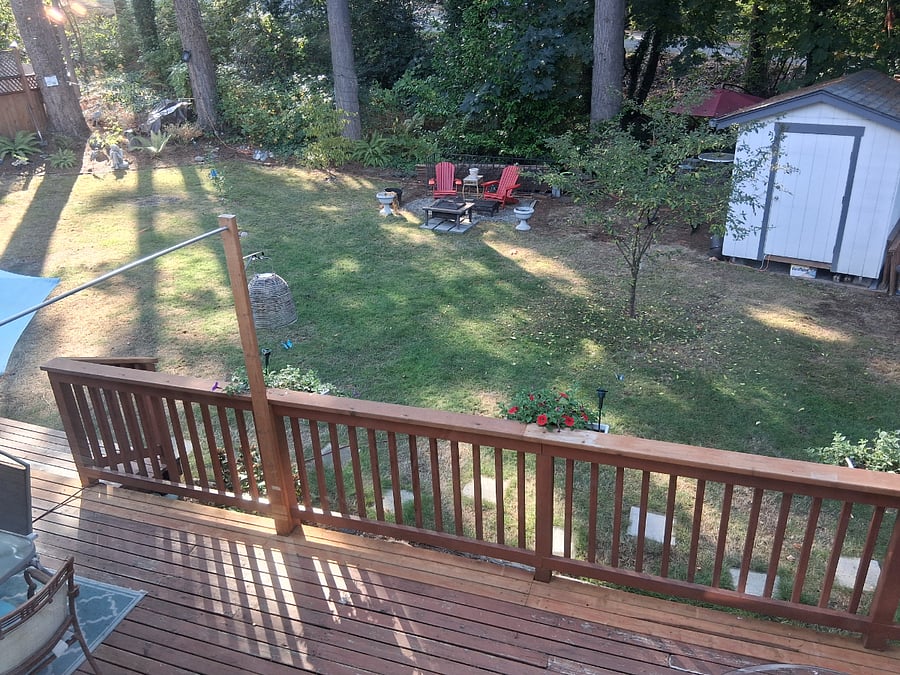 View from large picture window in the kitchen to the backyard.