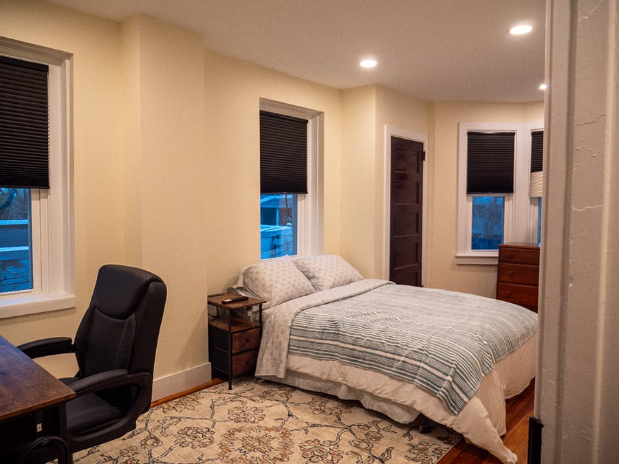Room #2. Queen bed, work station, Smart TV, bureau, & closet