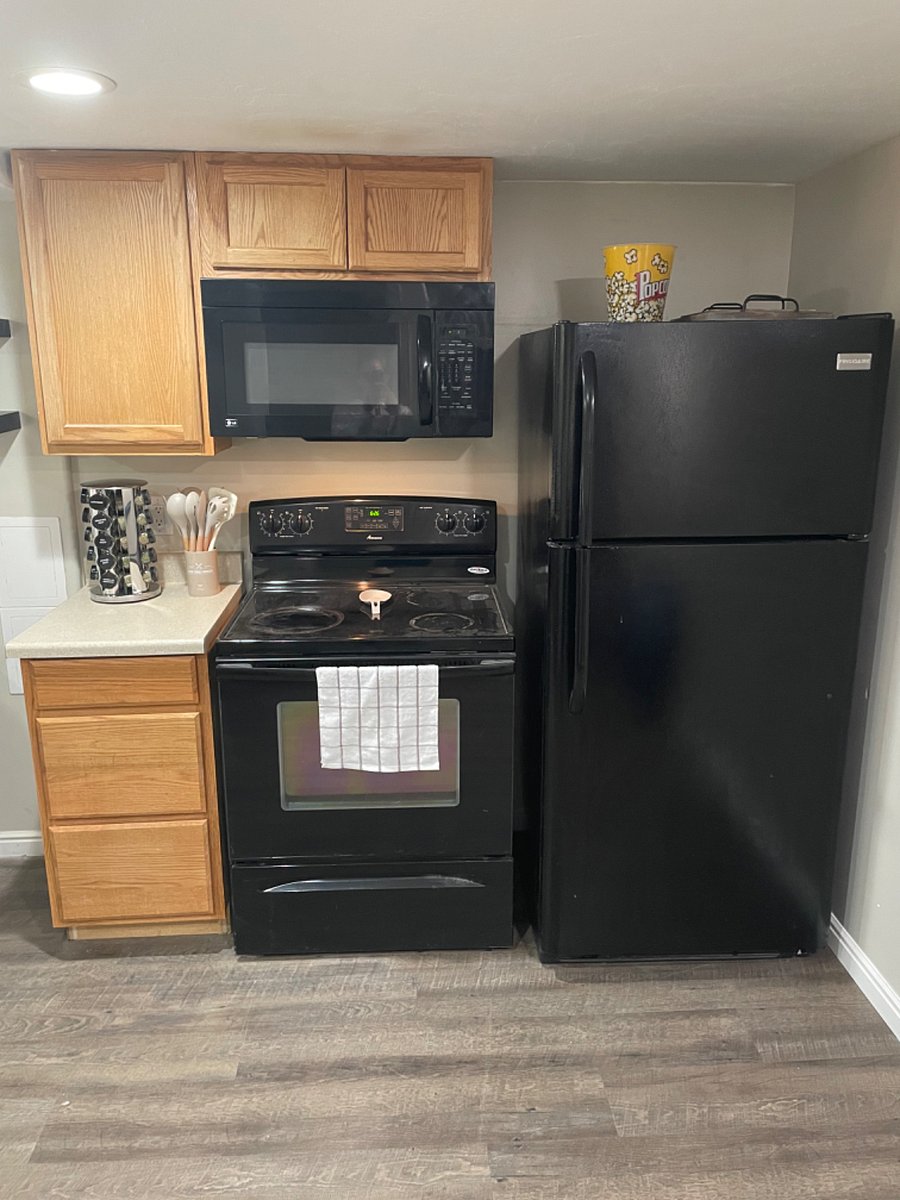 Main area- refrigerator, stove & microwave