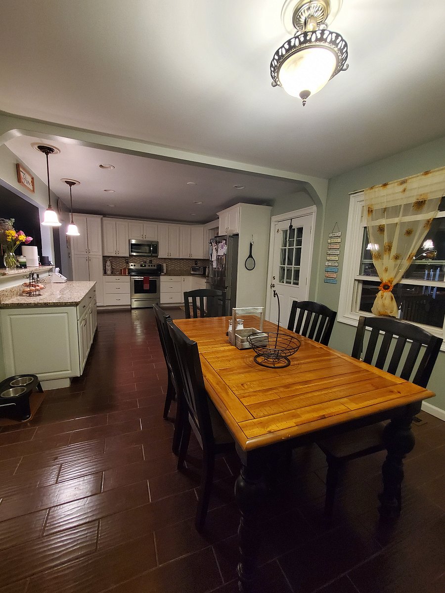 Shared kitchen and dining areas.