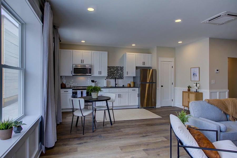 Kitchen and Dining room with pantry storage closet