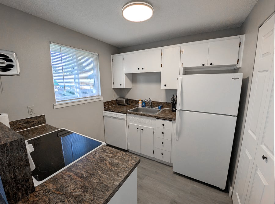 Full size fridge, diishwasher, range and microwave with plenty of storage
