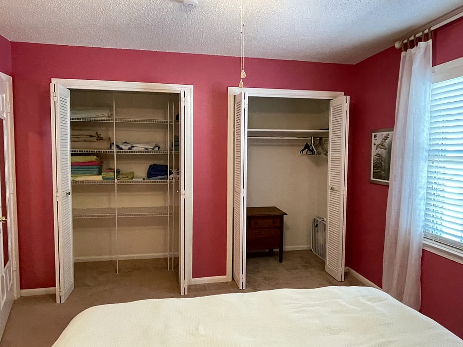 Master Bedroom comes with a queen bed and plenty of storage in the double closets and set of drawers