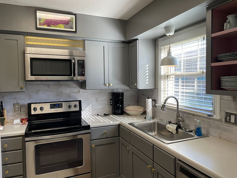 The kitchen comes fully stocked with plenty of plates, silverware, cooking utensils, pots and pans, spices, and cooking basics. The Fridge and freezer has plenty of storage for food. The pantry has some basic essentials: flour, sugar, a few canned goods