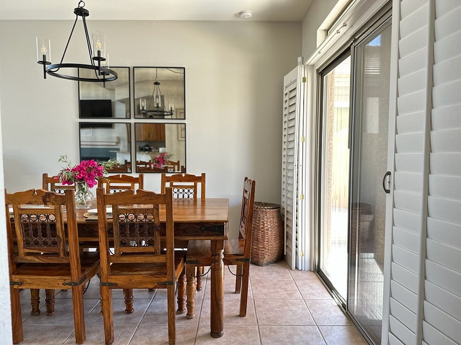 Dining room (the basket in the corner has pool towels)