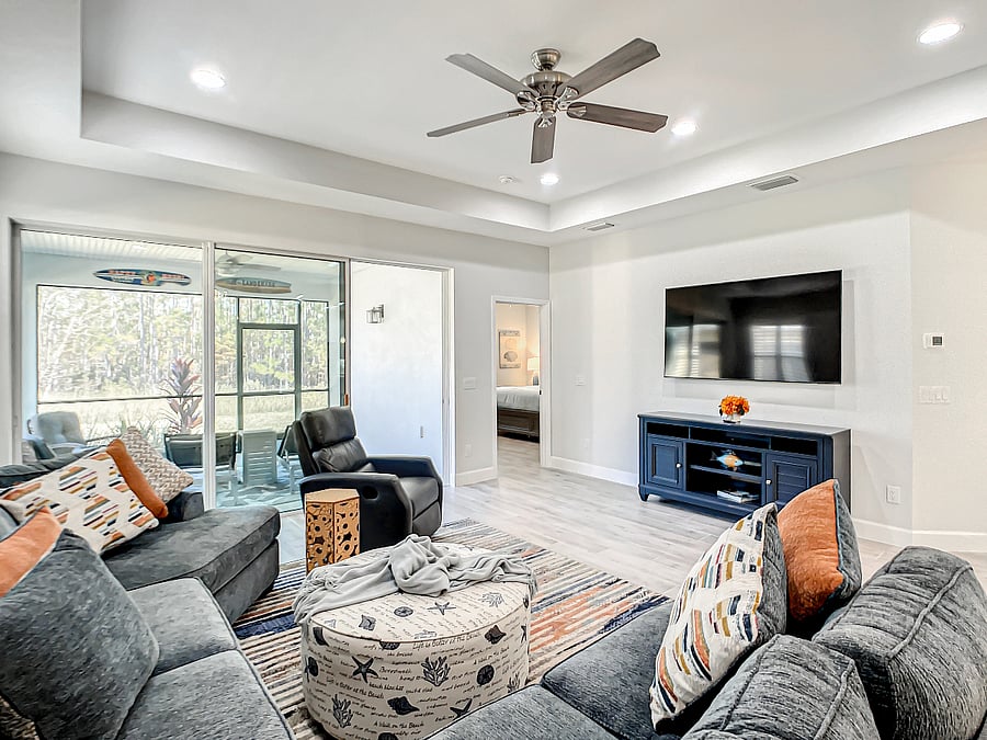View of Great Room from the front door. Samsung 70" smart TV.