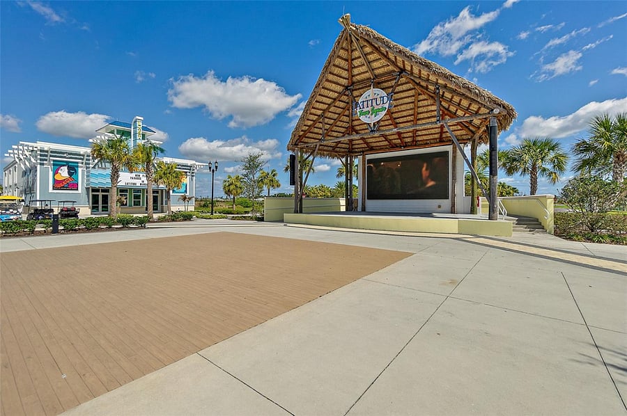 Town Center Band Shell: live music on Friday and Saturday nights. Dance floor in the foreground. Last Mango Theater in the background.