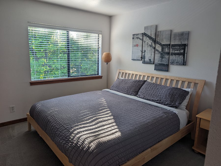 Large bedroom with a king bed and working desk