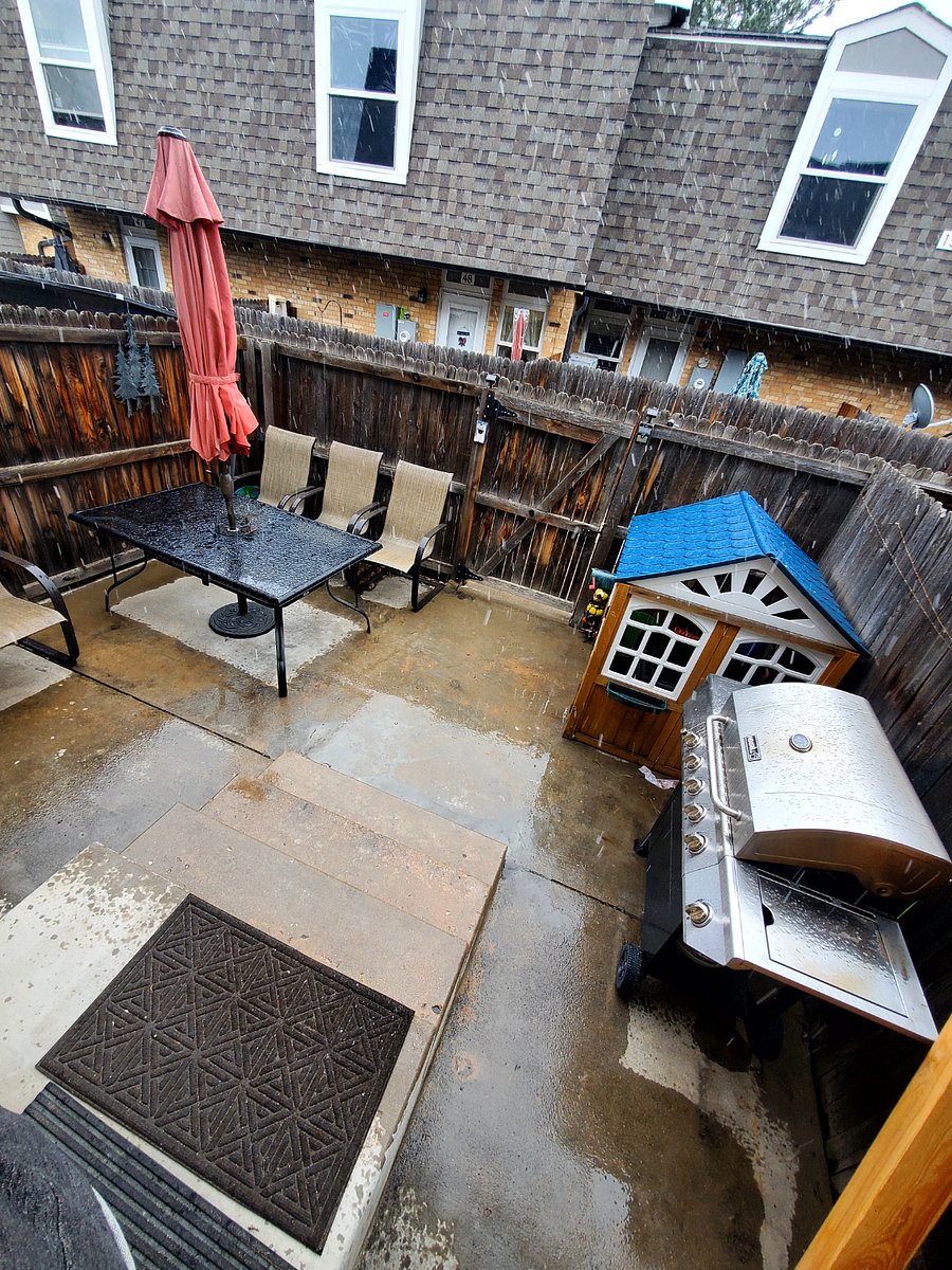 View from the backdoor into a gated back patio. 