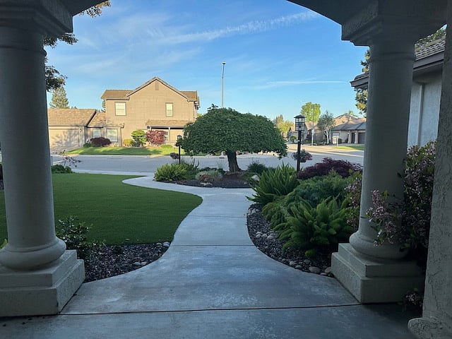 The entrance shaded to help keep the home cool during the summer months. 