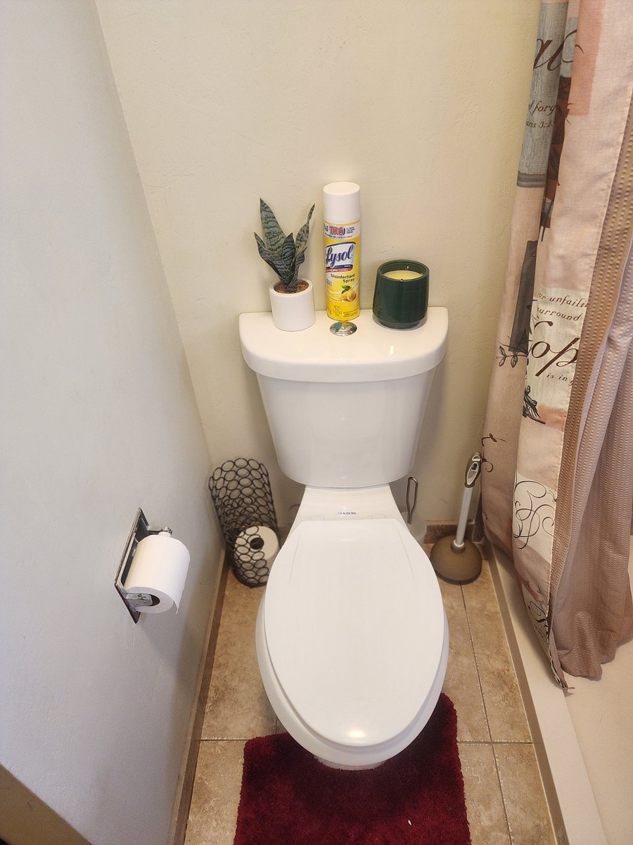 Toilet with top flush system for low water usage: includes Lysol spray & candle.