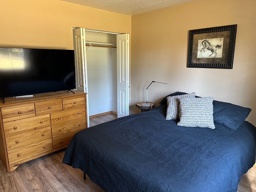 Bedroom 2, Queen size. bed, closet and TV