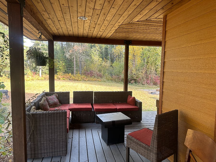 Covered porch and side yard.
