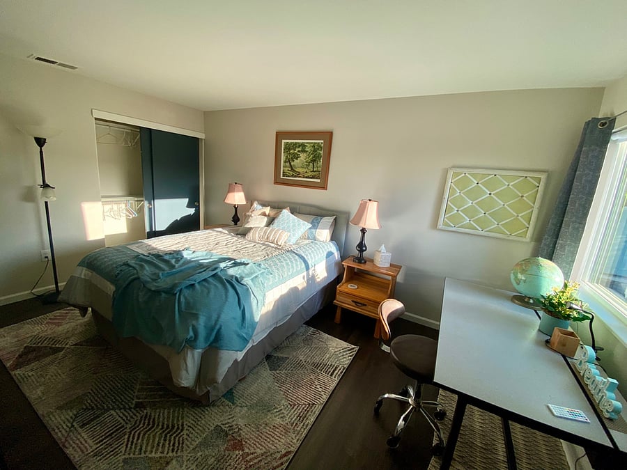 Master bedroom has queen size bed, 2 closets, roll-down window shade and blackout curtains.