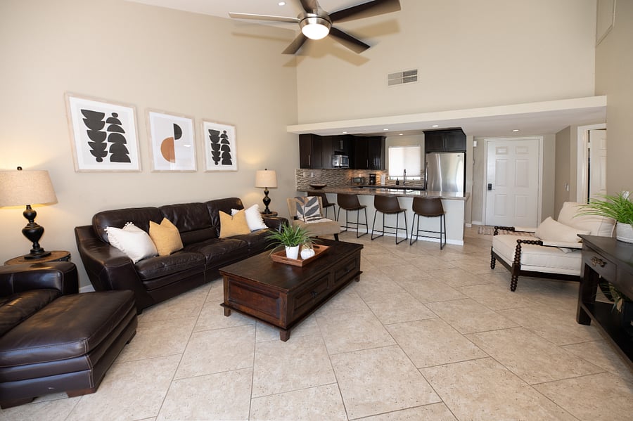 Sink into the deep, plush leather couch while watching a movie!