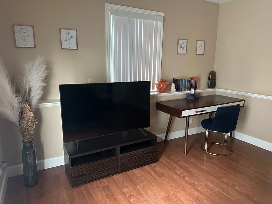 Living room with smart tv and workspace