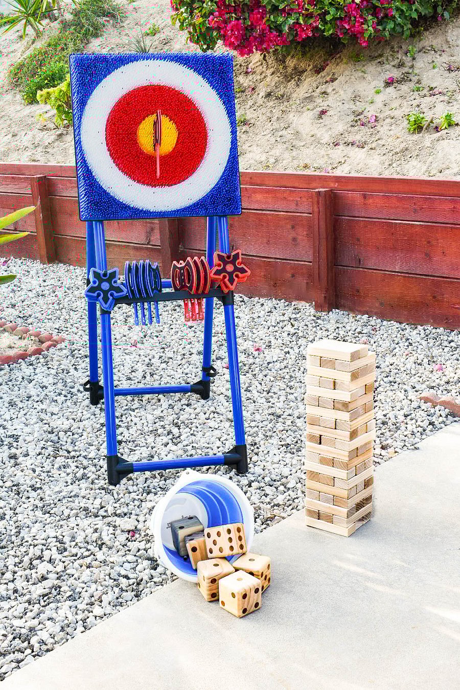 Axe throwing board (made of plastic), lawn Jenga, and lawn dice provide plenty of outdoor games for your family's enjoyment.