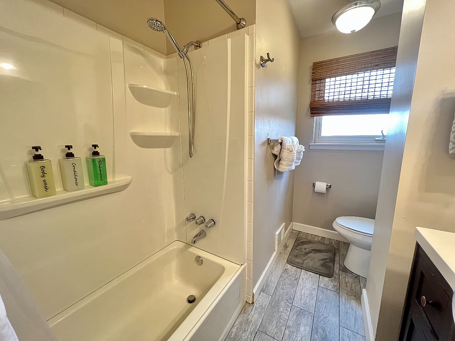 Bathroom with shampoo, conditioner and body wash