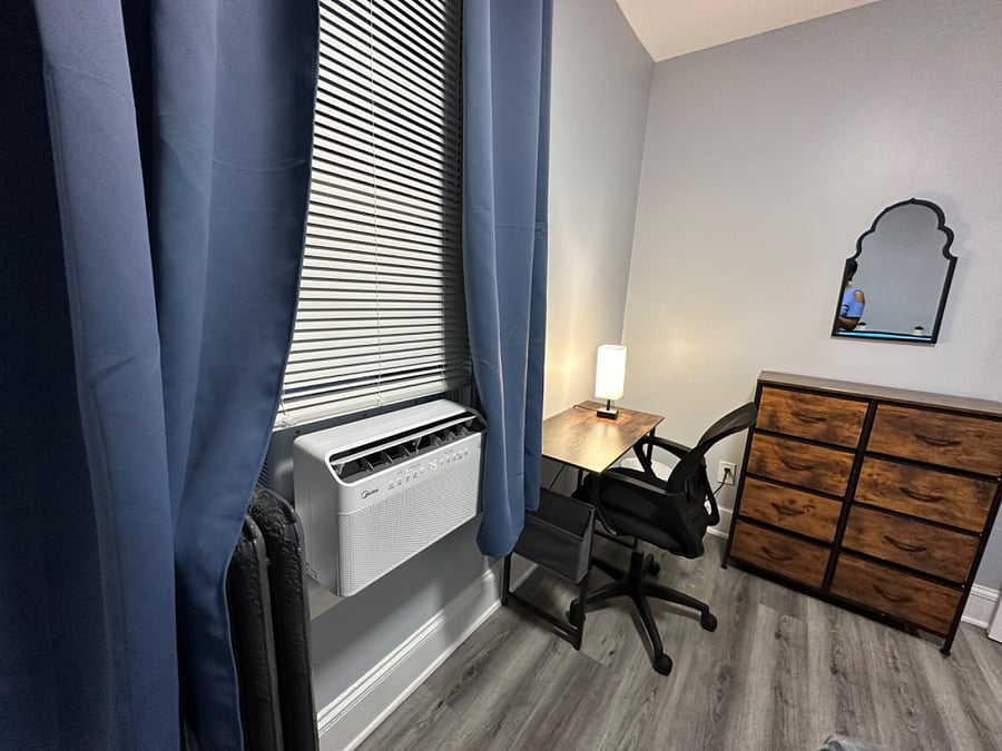 Full sized bed, chest of drawers, writing table and chair