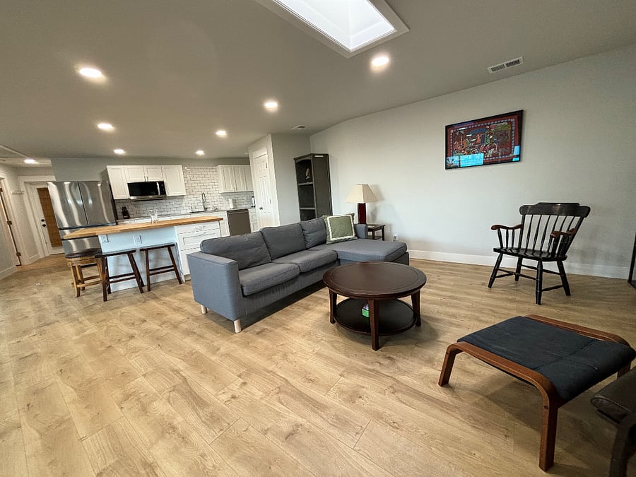 Main living area looking into kitchen. 