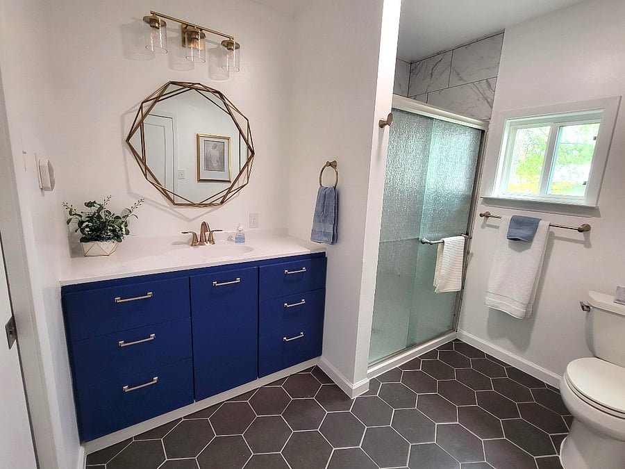 Designer bathroom with walk in shower.
