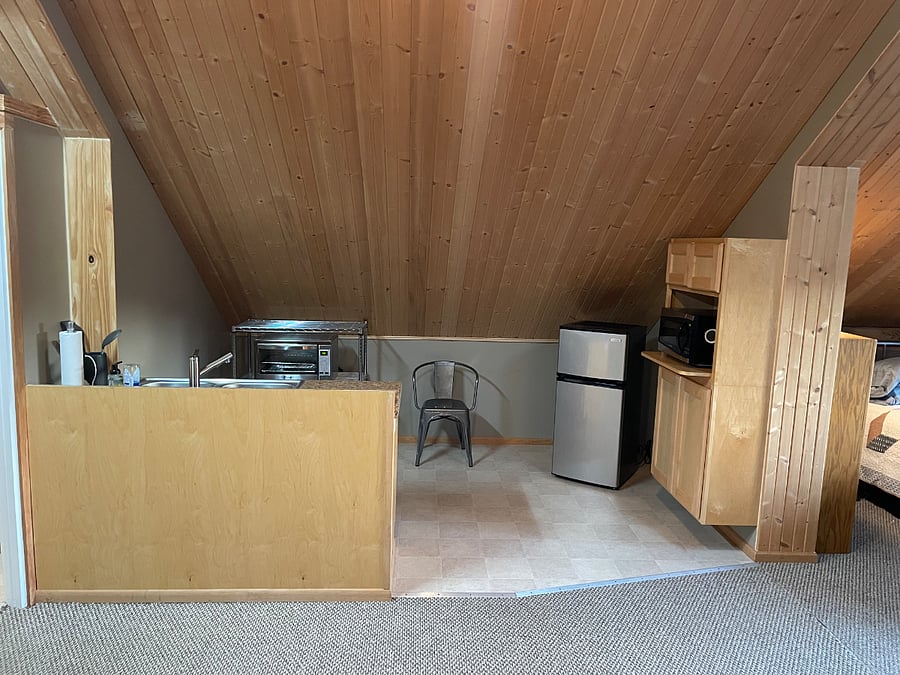 Kitchenette: microwave, large toaster oven, fridge with small freezer