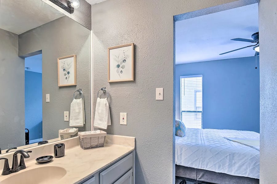 Each bedroom has a private sink, large mirror, hair dryer, towels, plenty of storage and a spacious walk-in closet, just for you! There is a jack and jill bathroom with a shower/tub and toilet.