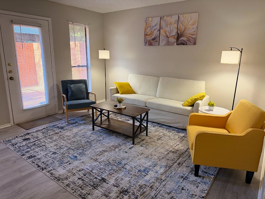 Welcome to your private, little home away from home. After a long day of working or exploring sit back and relax in this cozy living room with comfortable seating, a Smart TV and high speed WiFi.