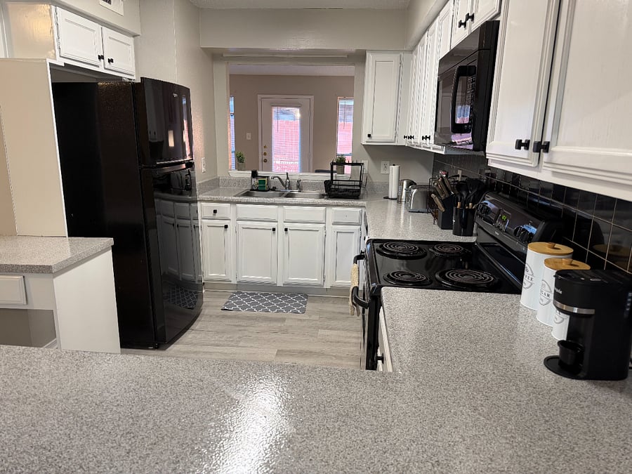 The kitchen provides all the essentials you need to cook, bake, or store just about anything during your stay. There is also a Walmart just 2 minutes away if you need to do a quick shop.