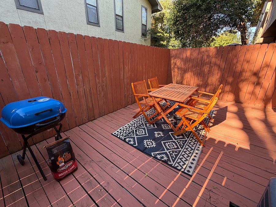 Kick back with a drink on your private patio. Our solar powered fairy lights will set the ambiance as you cook on the easy to use charcoal grill.