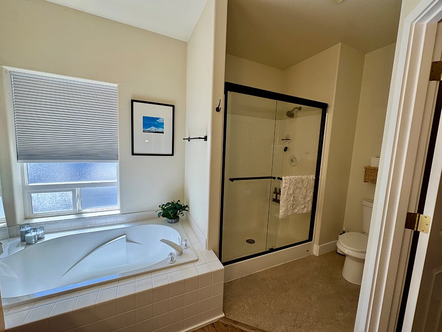 Master bath with tub, shower, double sink, and walk in closet