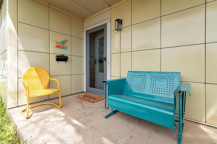 Front porch shows the enameled steel panels that the Lustron homes are so well known for are in excellent condition for being 75 years young