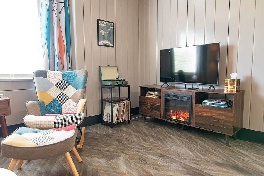 Living room features a fireplace for warmth or ambience