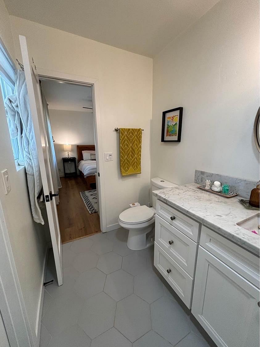 Master en suite bathroom with carrera countertop.