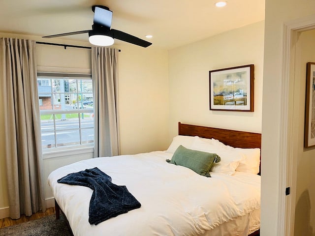 Primary bedroom with King Sized bed. All windows have blackout shades and blackout curtains.