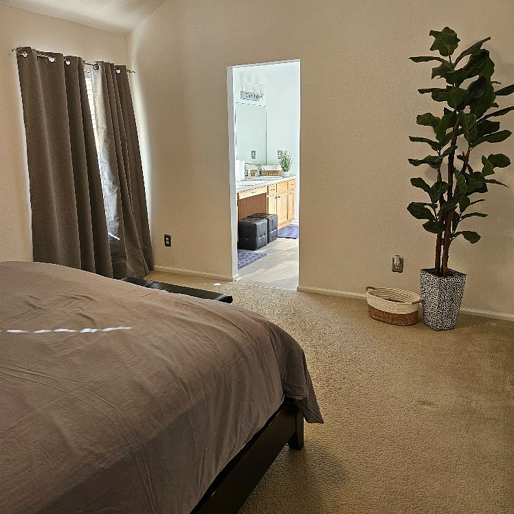 Master bedroom with King bed, walk-in closet and black out drapes