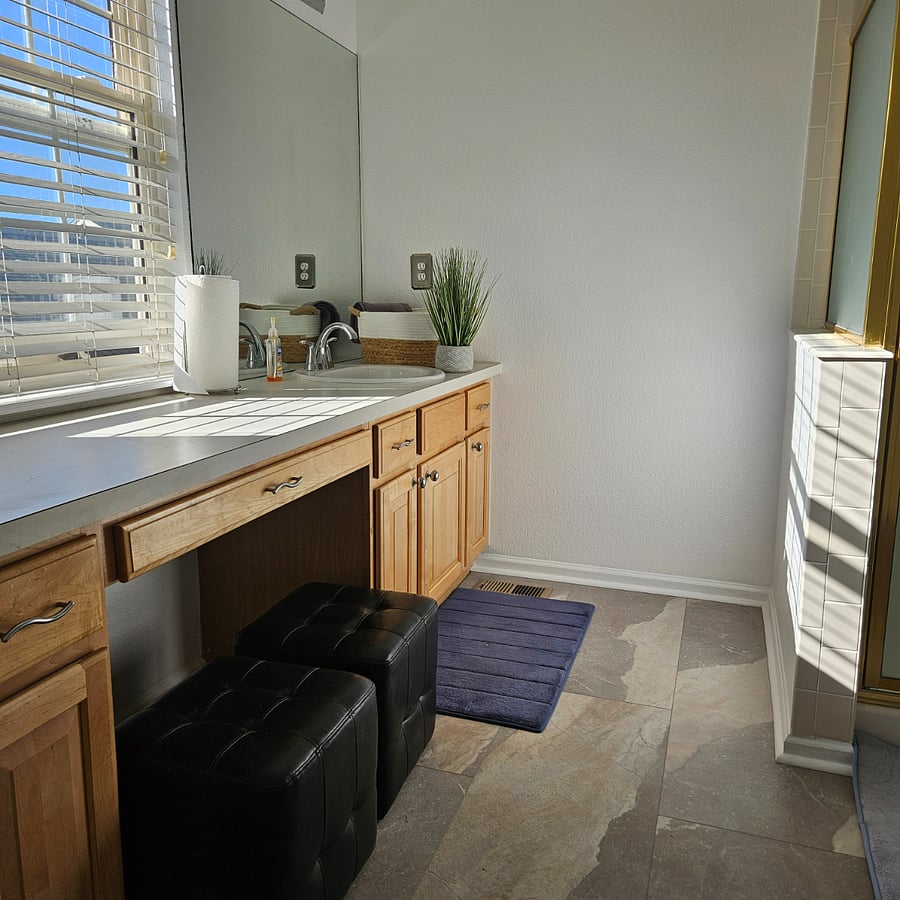Master bath with dual vanity, separate bathtub and shower