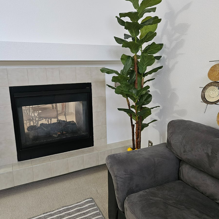 Living room with 2-way fireplace blackout drapes