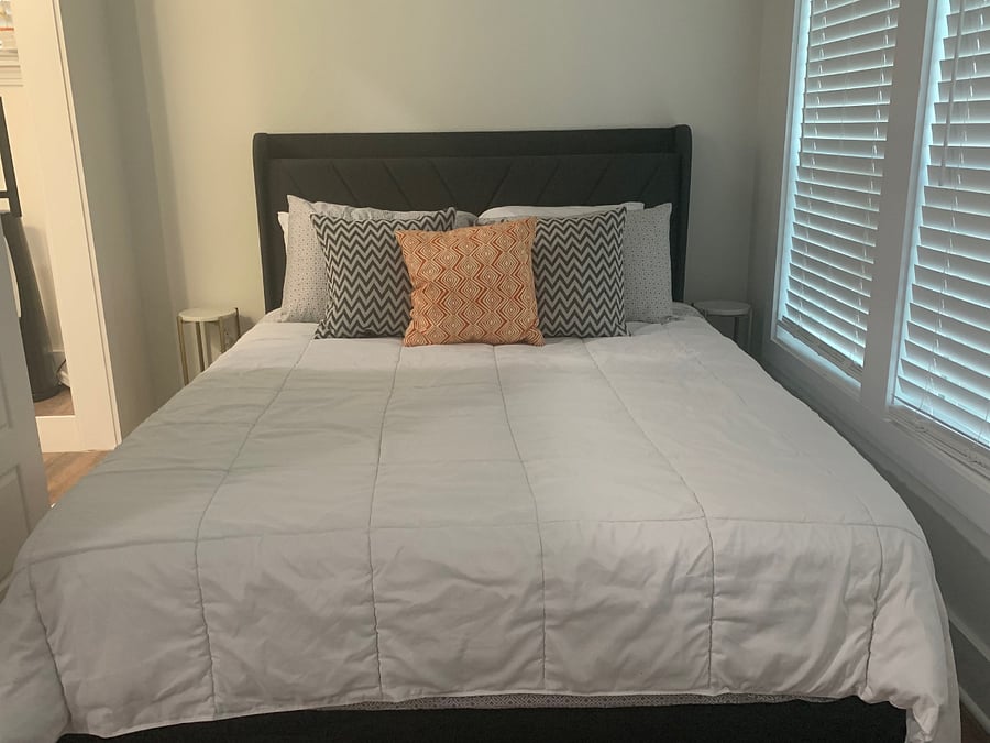 Sleeping/ bedroom area. We provide new bedding and towels to main a clean hygenic space.