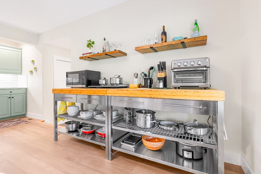 Stainless Steel Work Stations w/Air Fryer + Toaster Oven + Grill, 2 Burner Induction Cooktop, Microwave and Microwave