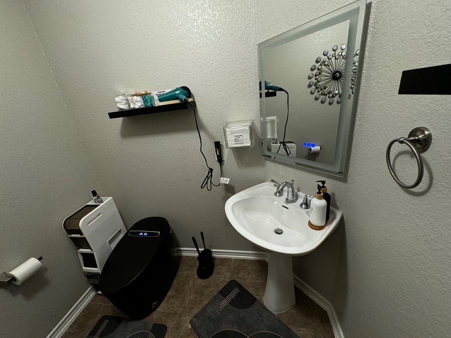 Guest private bathroom
Far left is storage bin/trash bin
Has Before you Go spray
Clean Skin face towels perfect for removing makeup