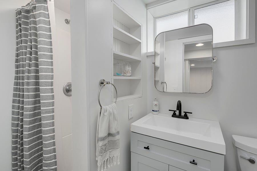 Downstairs bathroom with shower, shampoo, conditioner, body wash, hand soap and hair dryer