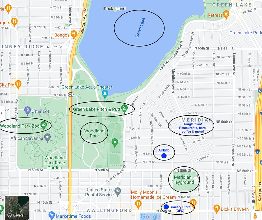 We don't say in the heart of it all for nothing!
Green Lake, Tangletown strip, food, coffee, kids playground and more just a 5-10 minute walk away!