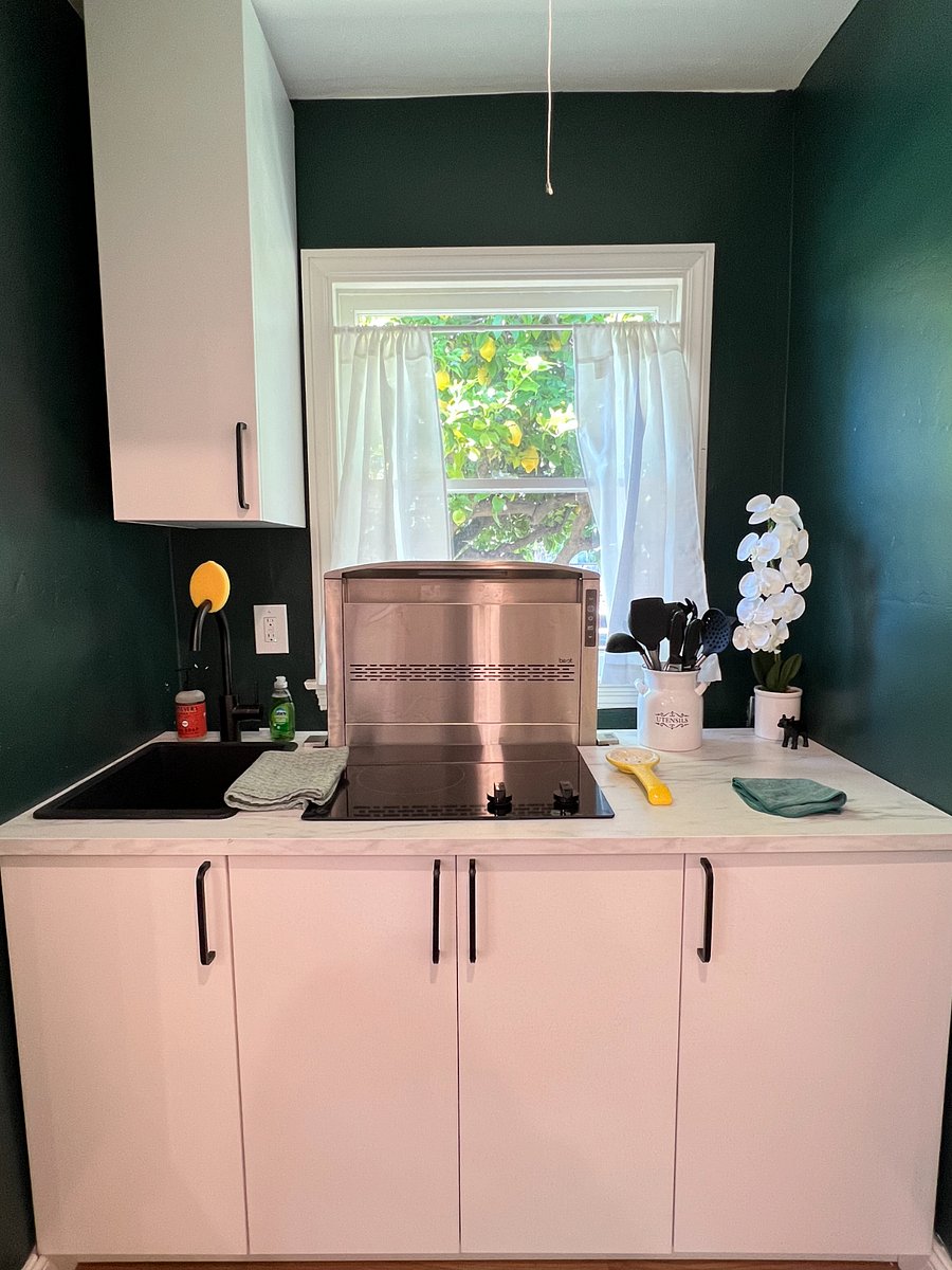 Dishware stored in cabinets