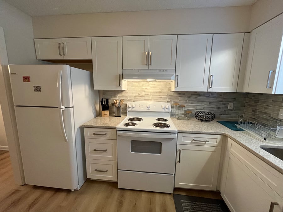 Fridge/freezer and electric stove.