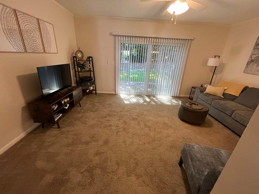 Living room looking out to back patio (before it was renovated - there's now a fenced in privacy area).
