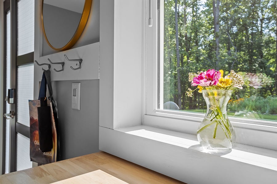 Lots of natural light with several windows in the apartment! The windows look out into the backyard which is enclosed by deciduous & confiderous forest.