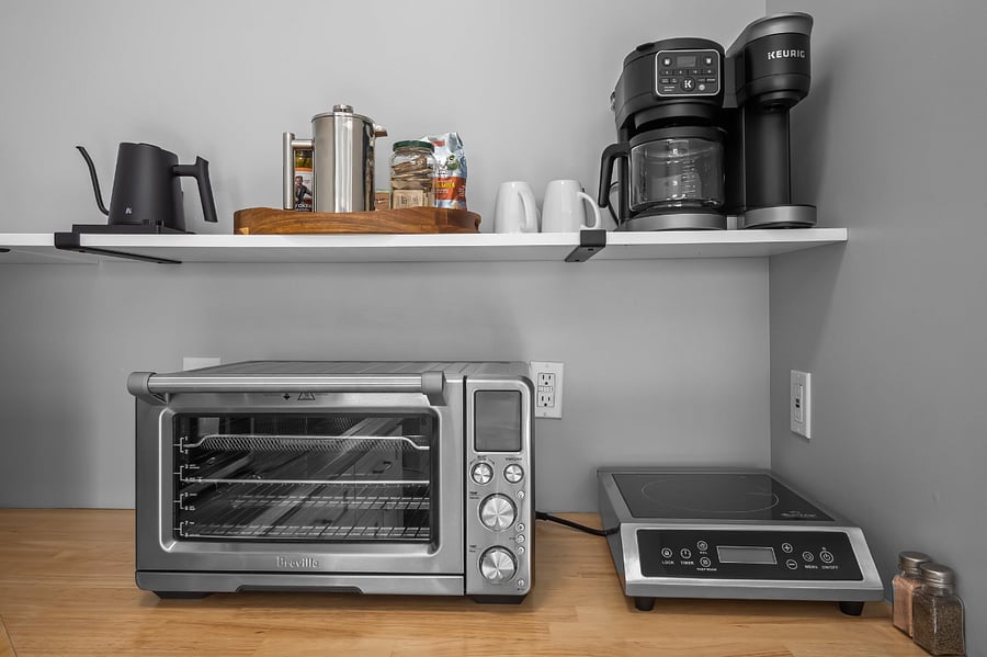 A few appliances make life easier - we include a Keurig Duo (make a pot of coffee or just a cup!), gooseneck electric kettle (great for french press, pour over coffee or tea), french press coffee carafe, an electric induction cooktop, and an air fryer/toaster oven.